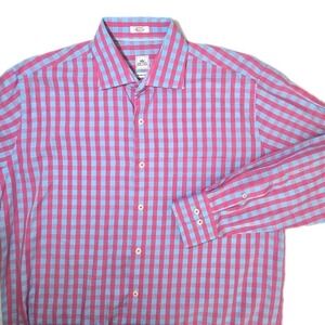 Peter Millar Shirt Men's Large Seaside Finish Cotton Check Pink Blue Long Sleeve